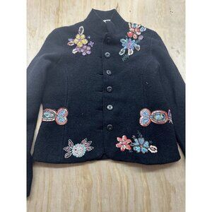 Bloomingdale’s Wool Blazer Coat Sequins Beads 12 Petite Lined Floral‎ Black VTG